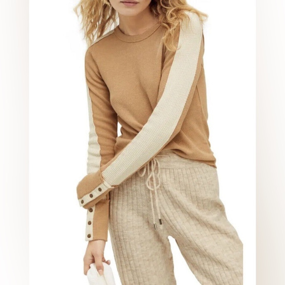Free People Tasha Snaps Button cuff Color Block Thermal Top in Ochre Combo XS